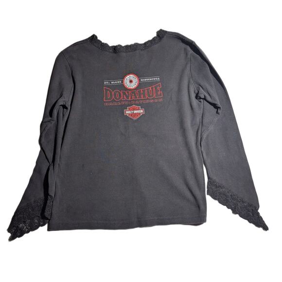 Vtg Y2K Harley Davidson Faded Black Cotton Bell Sleeve Lace Trim Rose Top L - Picture 2 of 5